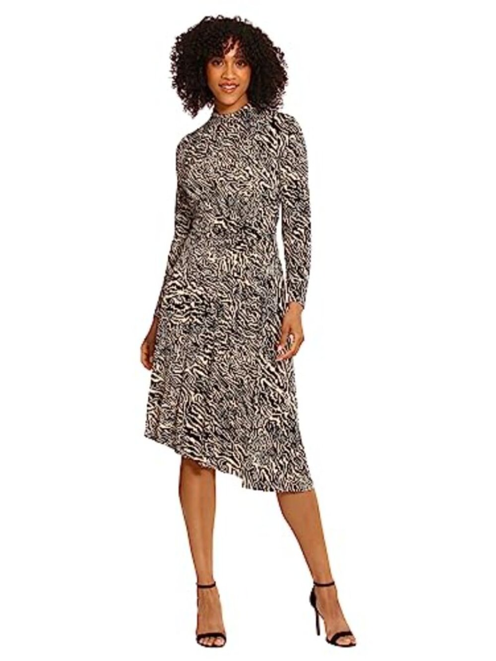 Long Sleeve Mock Neck Midi Dress with Asymmetrical Hem Polyester Spandex